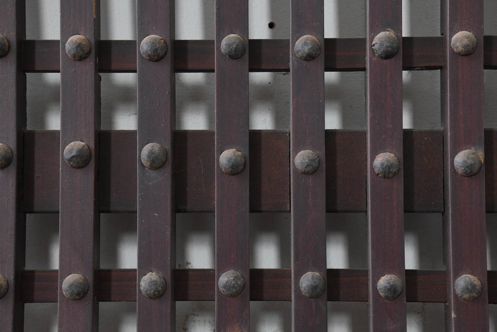 アンティーク建具　明治から大正期　繁栄祈願の唐草雲文装飾を腰板に配した背の低い格子蔵戸1枚　(R-086539)