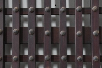 アンティーク建具　明治から大正期　繁栄祈願の唐草雲文装飾を腰板に配した背の低い格子蔵戸1枚　(R-086539)