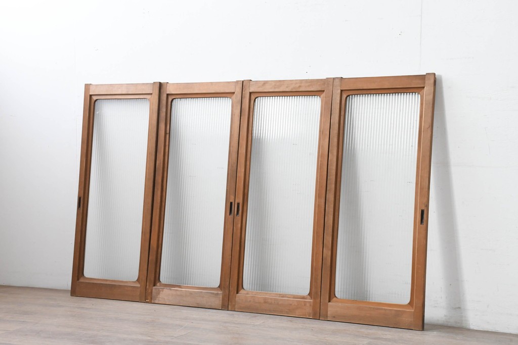 ヴィンテージ建具　昭和中期　木味豊かなモールガラス入りの窓4枚セット　(R-086550)