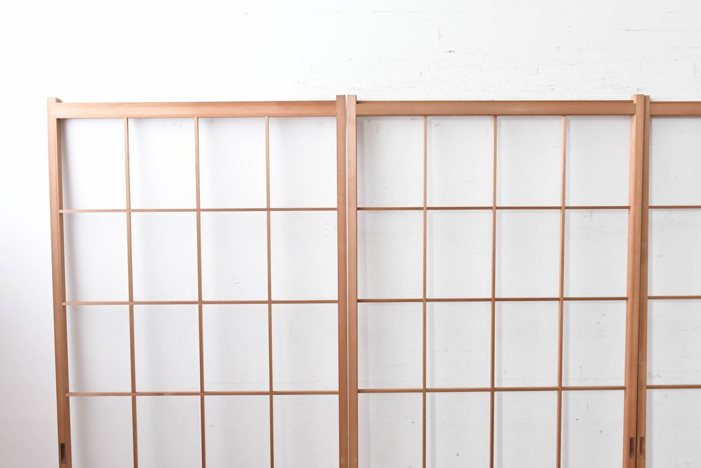 ヴィンテージ建具　昭和後期　明るい木色とすっきりとした格子が魅力の障子戸4枚セット　(R-086578)