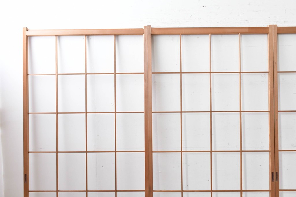 ヴィンテージ建具　昭和後期　明るい木色とすっきりとした格子が魅力の障子戸4枚セット　(R-086578)