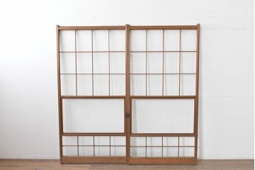 ヴィンテージ建具　昭和後期　シンプルな升目デザインの障子戸2枚セット　(R-086582)
