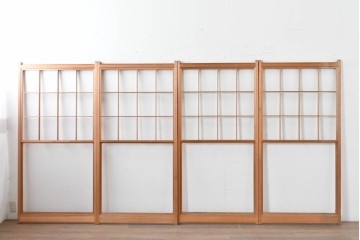 ヴィンテージ建具　昭和後期　シンプルな升目デザインの擦り上げ雪見障子戸4枚セット　(R-086584)