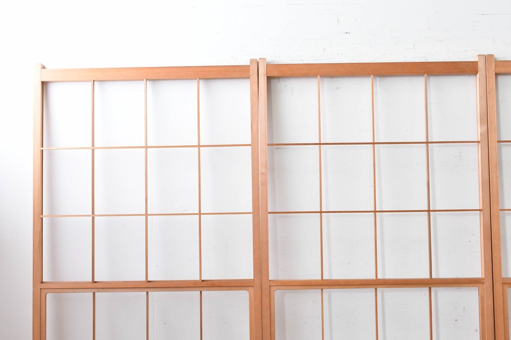 ヴィンテージ建具　昭和後期　明るい木色とすっきりとした格子が魅力の擦り上げ雪見障子戸4枚セット　(R-086587)