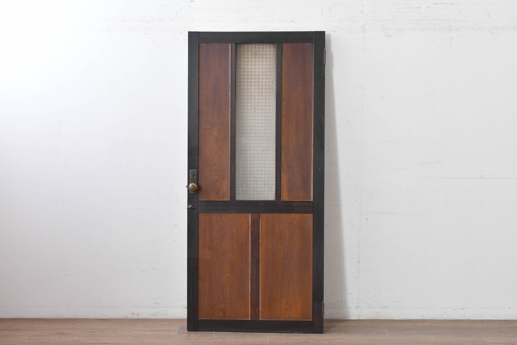 アンティーク建具　昭和初期　大正ロマン　繊細な模様が浮かぶプレスガラス入りの木製ドア1枚　(R-086593)