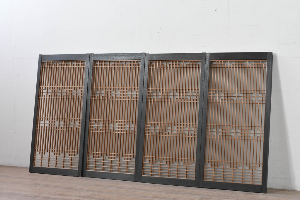 ヴィンテージ建具　昭和中期　組子細工が美しい片面ガラスの書院窓4枚セット　(R-086606)
