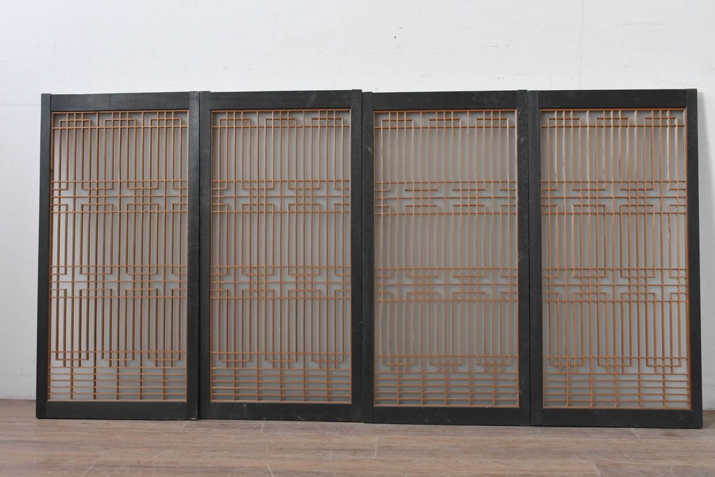 ヴィンテージ建具　昭和中期　組子細工が美しい片面ガラスの書院窓4枚セット　(R-086606)