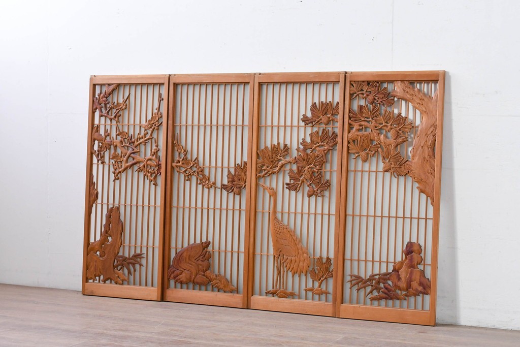 和製ヴィンテージ　上手物!!　昭和中期　松竹梅、鶴亀図の書院戸4枚セット　(R-086607)