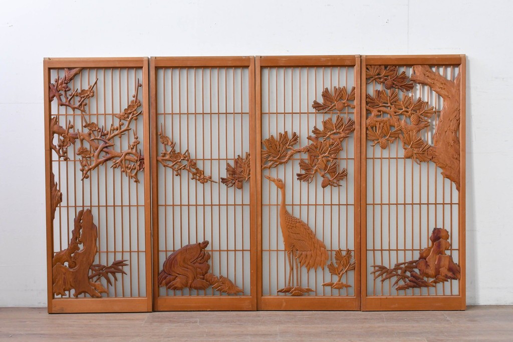 和製ヴィンテージ　上手物!!　昭和中期　松竹梅、鶴亀図の書院戸4枚セット　(R-086607)