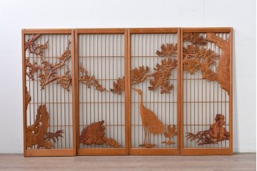 和製ヴィンテージ　上手物!!　昭和中期　松竹梅、鶴亀図の書院戸4枚セット　(R-086607)