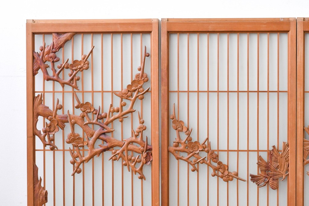 和製ヴィンテージ　上手物!!　昭和中期　松竹梅、鶴亀図の書院戸4枚セット　(R-086607)