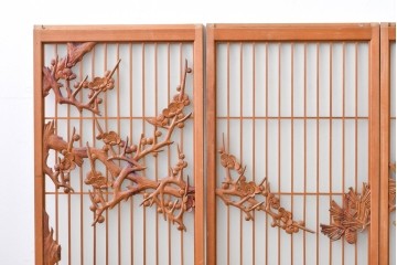 和製ヴィンテージ　上手物!!　昭和中期　松竹梅、鶴亀図の書院戸4枚セット　(R-086607)