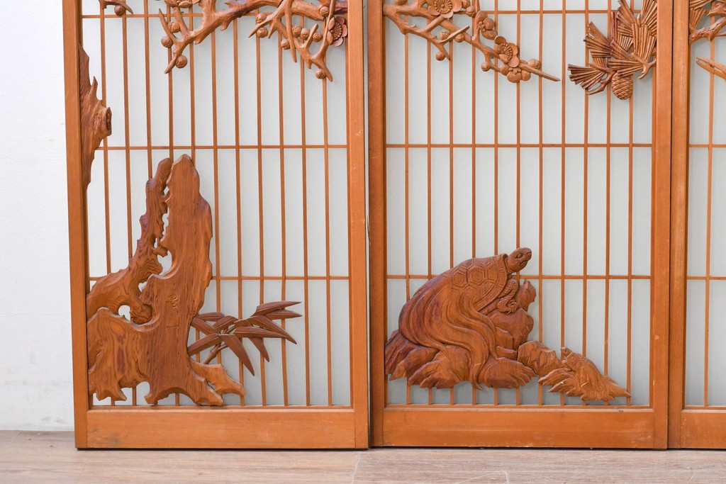 和製ヴィンテージ　上手物!!　昭和中期　松竹梅、鶴亀図の書院戸4枚セット　(R-086607)