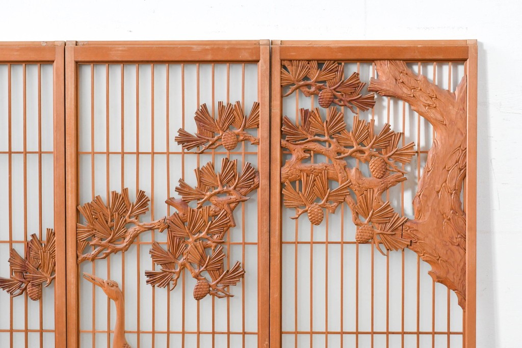 和製ヴィンテージ　上手物!!　昭和中期　松竹梅、鶴亀図の書院戸4枚セット　(R-086607)