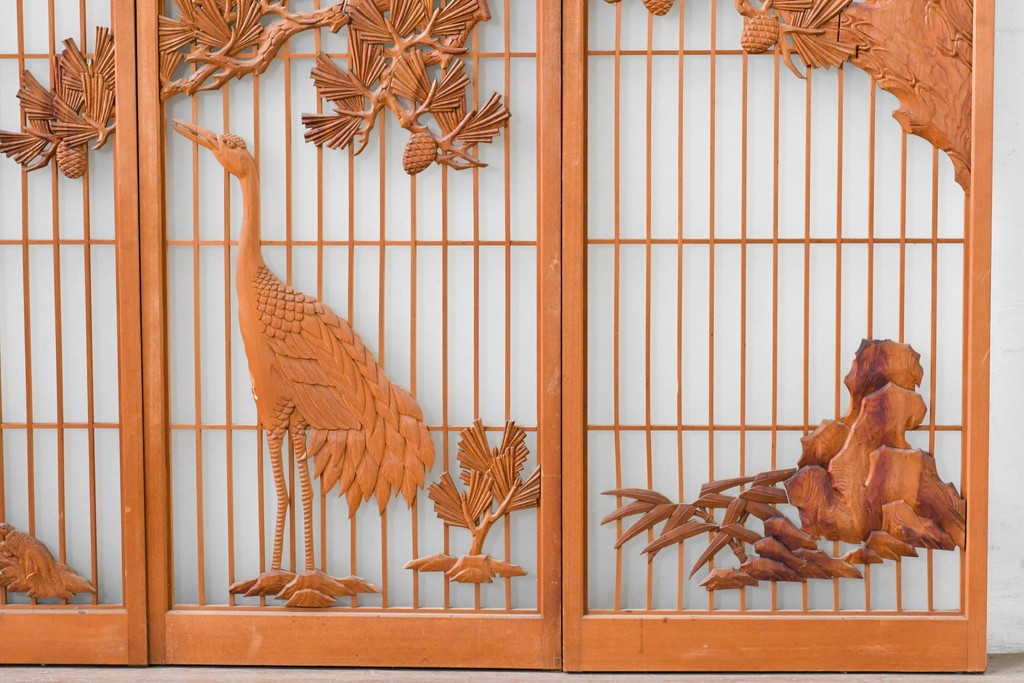 和製ヴィンテージ　上手物!!　昭和中期　松竹梅、鶴亀図の書院戸4枚セット　(R-086607)