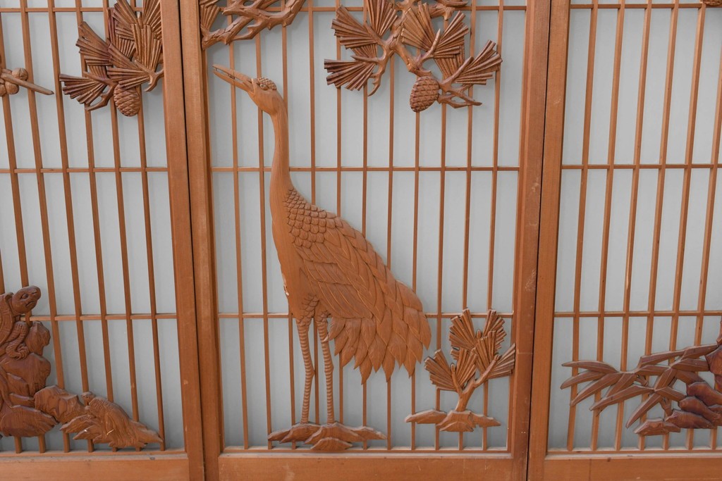 和製ヴィンテージ　上手物!!　昭和中期　松竹梅、鶴亀図の書院戸4枚セット　(R-086607)