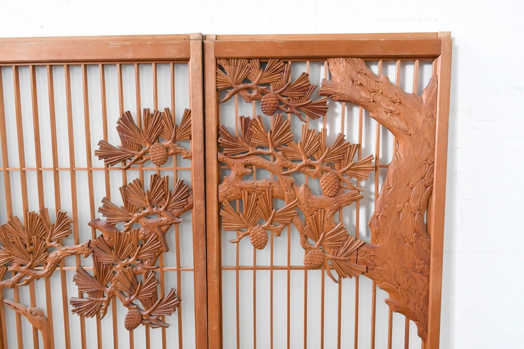 和製ヴィンテージ　上手物!!　昭和中期　松竹梅、鶴亀図の書院戸4枚セット　(R-086607)