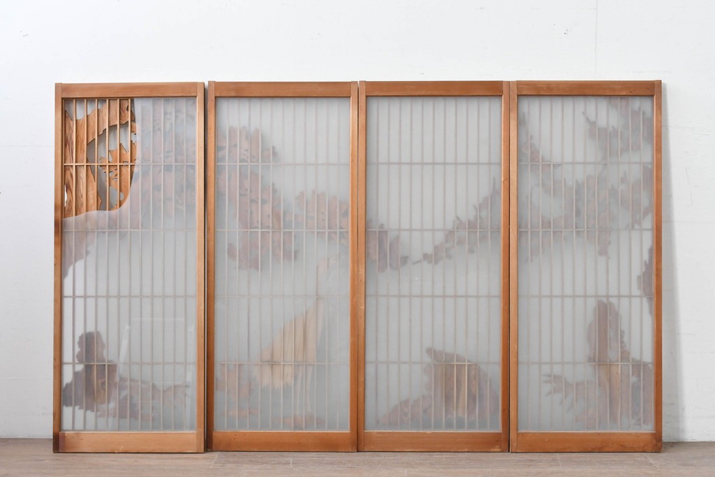 和製ヴィンテージ　上手物!!　昭和中期　松竹梅、鶴亀図の書院戸4枚セット　(R-086607)