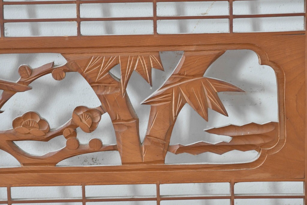 ヴィンテージ建具　昭和後期　松・竹・梅の彫刻入り組子欄間2枚セット　(R-086615)
