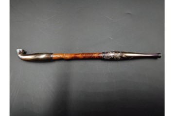 純銀製　象嵌　花鳥彫が優美な煙管2点セット　共箱付き　(R-086640)