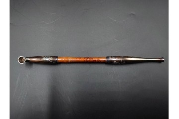 純銀製　象嵌　花鳥彫が優美な煙管2点セット　共箱付き　(R-086640)