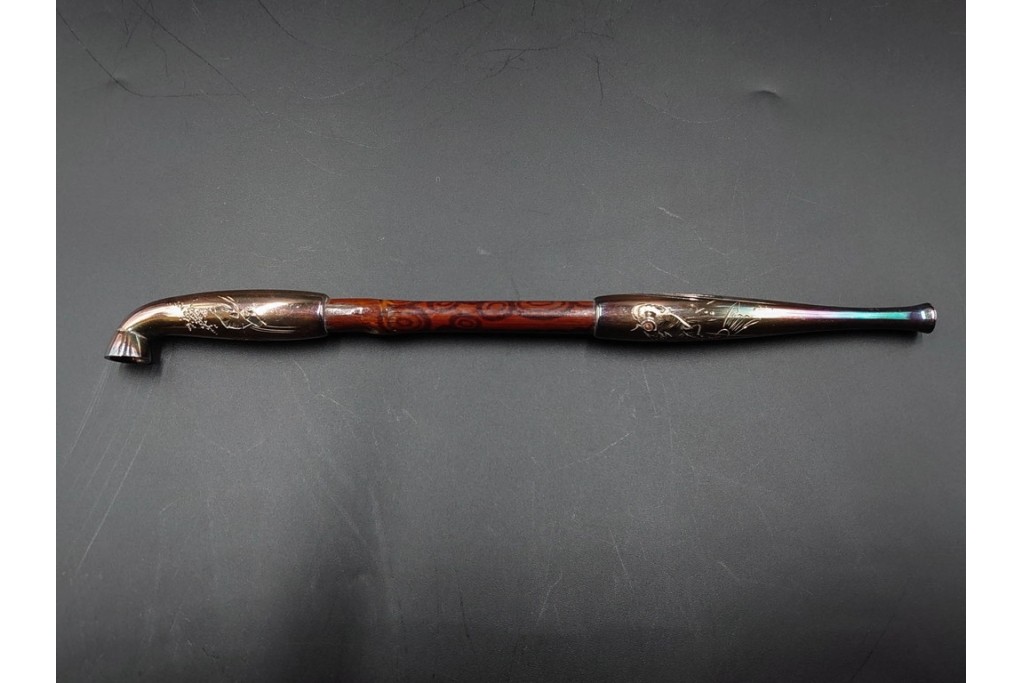 純銀製　象嵌　松鷹図・鯉図・梅鳥図の意匠豊かな煙管3点セット　共箱付き　(R-086642)