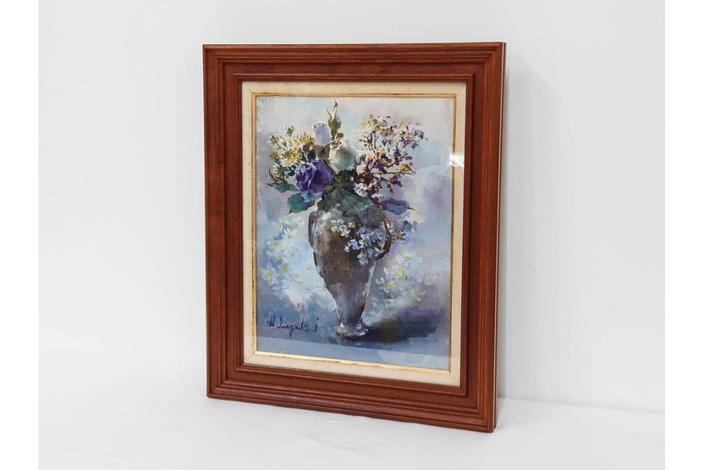 真作　稲垣久治作　F6号(6号)　「花の季節」　花器に生けた花々を柔らかな筆致で描いた油彩絵画　(R-086650)