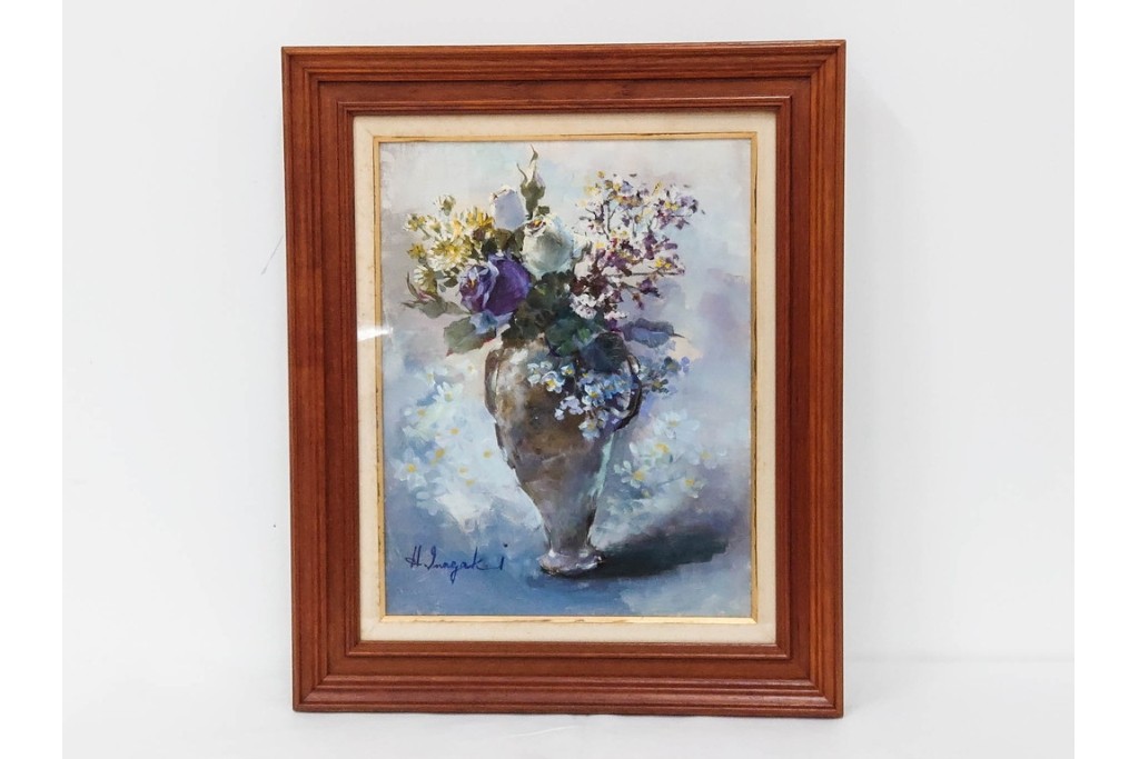 真作　稲垣久治作　F6号(6号)　「花の季節」　花器に生けた花々を柔らかな筆致で描いた油彩絵画　(R-086650)