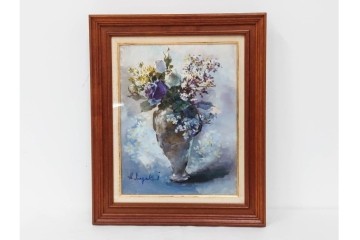 真作　稲垣久治作　F6号(6号)　「花の季節」　花器に生けた花々を柔らかな筆致で描いた油彩絵画　(R-086650)