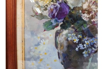 真作　稲垣久治作　F6号(6号)　「花の季節」　花器に生けた花々を柔らかな筆致で描いた油彩絵画　(R-086650)