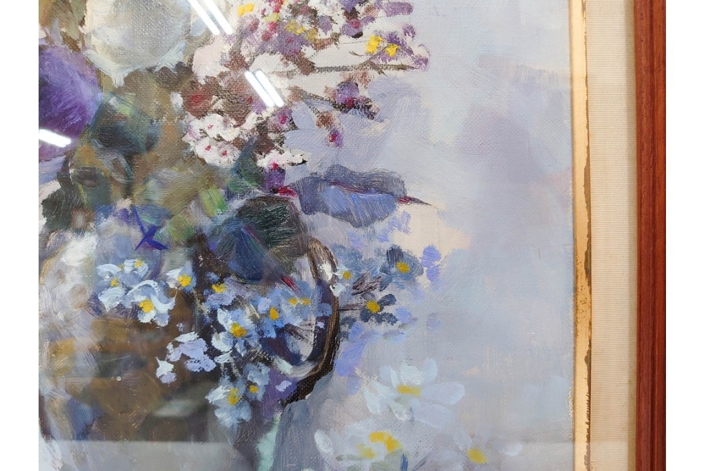 真作　稲垣久治作　F6号(6号)　「花の季節」　花器に生けた花々を柔らかな筆致で描いた油彩絵画　(R-086650)