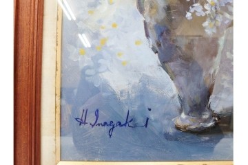 真作　稲垣久治作　F6号(6号)　「花の季節」　花器に生けた花々を柔らかな筆致で描いた油彩絵画　(R-086650)
