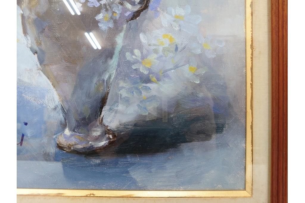 真作　稲垣久治作　F6号(6号)　「花の季節」　花器に生けた花々を柔らかな筆致で描いた油彩絵画　(R-086650)