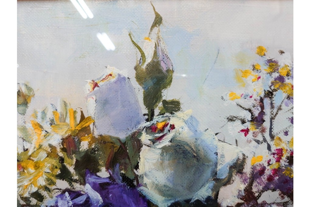 真作　稲垣久治作　F6号(6号)　「花の季節」　花器に生けた花々を柔らかな筆致で描いた油彩絵画　(R-086650)