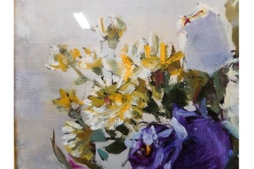 真作　稲垣久治作　F6号(6号)　「花の季節」　花器に生けた花々を柔らかな筆致で描いた油彩絵画　(R-086650)