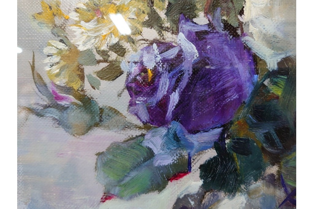 真作　稲垣久治作　F6号(6号)　「花の季節」　花器に生けた花々を柔らかな筆致で描いた油彩絵画　(R-086650)