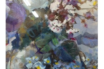 真作　稲垣久治作　F6号(6号)　「花の季節」　花器に生けた花々を柔らかな筆致で描いた油彩絵画　(R-086650)