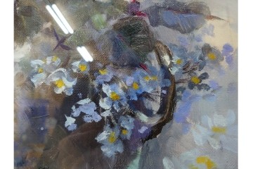 真作　稲垣久治作　F6号(6号)　「花の季節」　花器に生けた花々を柔らかな筆致で描いた油彩絵画　(R-086650)