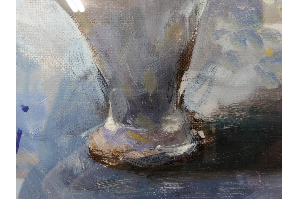 真作　稲垣久治作　F6号(6号)　「花の季節」　花器に生けた花々を柔らかな筆致で描いた油彩絵画　(R-086650)