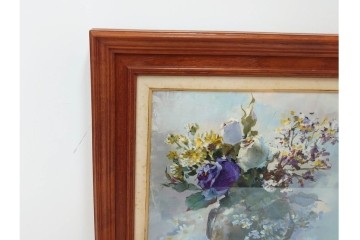 真作　稲垣久治作　F6号(6号)　「花の季節」　花器に生けた花々を柔らかな筆致で描いた油彩絵画　(R-086650)