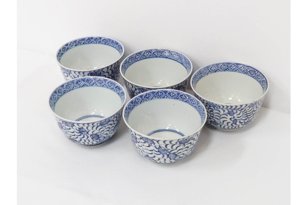 江戸期　古伊万里　染付　唐草文と松竹梅文のそば猪口5点セット　(R-086663)