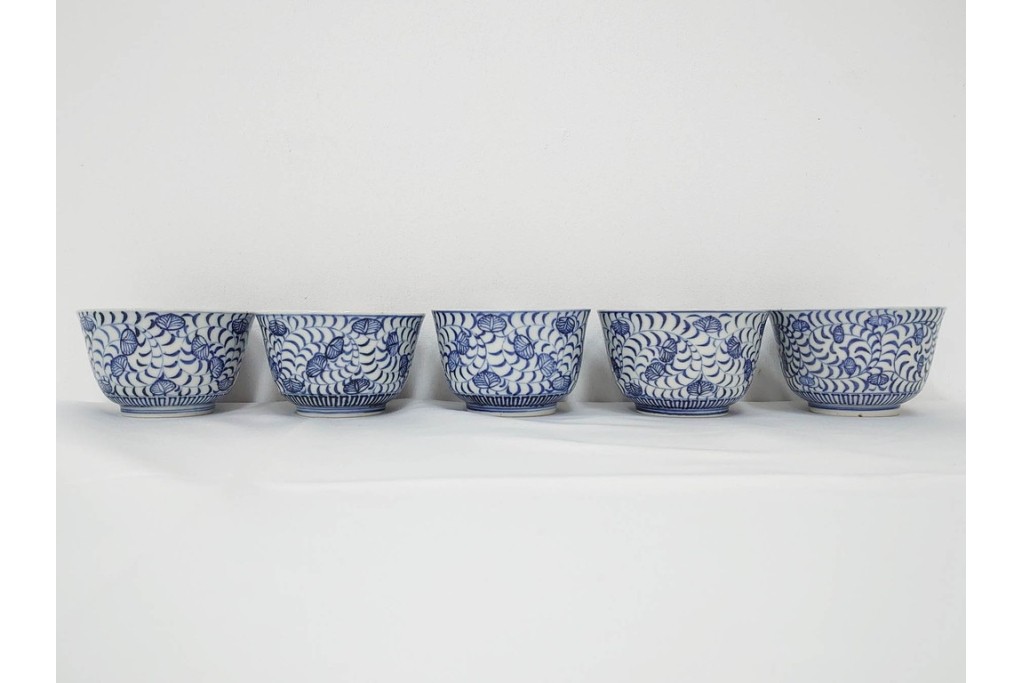 江戸期　古伊万里　染付　唐草文と松竹梅文のそば猪口5点セット　(R-086663)
