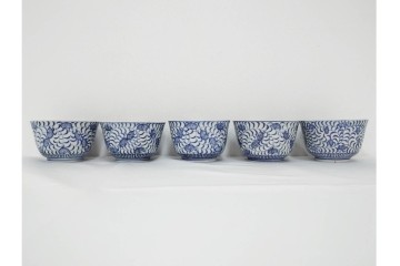 江戸期　古伊万里　染付　唐草文と松竹梅文のそば猪口5点セット　(R-086663)