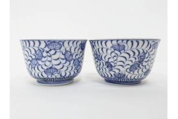 江戸期　古伊万里　染付　唐草文と松竹梅文のそば猪口5点セット　(R-086663)