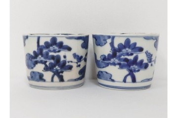 江戸期　古伊万里　染付　藍色の松文が映えるそば猪口2点セット　(R-086667)