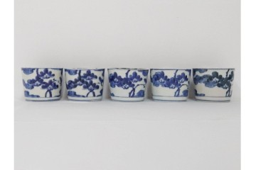 江戸期　古伊万里　染付　藍色の松文が映えるそば猪口5点セット　(R-086668)