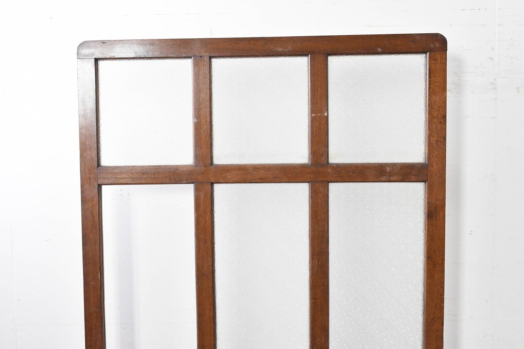 和製アンティーク　楢(ナラ)材　花模様の透かし彫りが可愛らしいガラス入り衝立て　(R-086691)