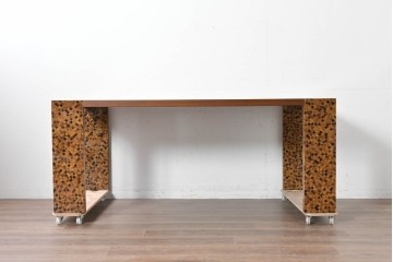 中古　希少!!　イタリア　Carlo Pessina(カルロ・ペッシーナ)デザイン　チーク材　貝殻で描くモザイク模様が印象的なダイニングテーブル　定価推定200万円　(R-086701)