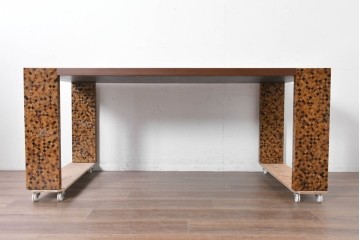 中古　希少!!　イタリア　Carlo Pessina(カルロ・ペッシーナ)デザイン　チーク材　貝殻で描くモザイク模様が印象的なダイニングテーブル　定価推定200万円　(R-086701)