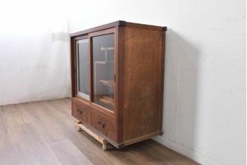 和製アンティーク　前面欅(ケヤキ)材　上杢!　違い棚付きの関東水屋箪笥サイドボード　(R-086724)